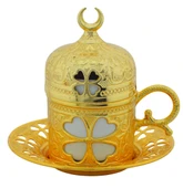 SENA Yonca Desenli 6 Kişilik Porselenli Kapaklı 24 Parça Altın Renk Fincan Seti - 6