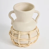 Çömlek Doğal Hasır Örgülü Seramik Vazo - Bej - 16 cm - 2