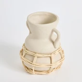 Çömlek Doğal Hasır Örgülü Seramik Vazo - Bej - 16 cm - 1