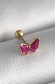 316L Çelik Gümüş Renk Pembe Kelebek Model Tragus Piercing - TJ-PR1286 thumbnail 1