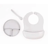 MDB Gri 3’lü Silikon Yemek Seti – Önlük + Diş Kaşıyıcılı Kaşık + Vakumlu Tabak thumbnail 1