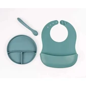 MDB Yeşil 3’lü Silikon Yemek Seti – Önlük + Diş Kaşıyıcılı Kaşık + Vakumlu Tabak thumbnail 1