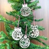 10 Parça Kırmızı Beyaz İpli Fiyonk Model Ahşap Yılbaşı Ağaç Süsü (5250) - 2