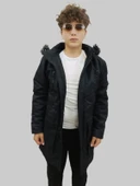 Erkek Kürklü Çıkma Kapüşonlu İçi Kürklü Kanvas Siyah Parka Kaban - 2