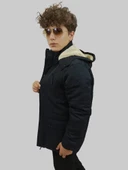 Erkek Çıkma Kapüşonlu İçi Kürklü Kanvas Siyah Parka Kaban thumbnail 5