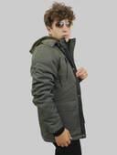 Erkek Kışlık Çıkma Kapüşonlu Koyu Yeşil Kaban Parka thumbnail 3