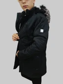 Erkek Kürklü Çıkma Kapüşonlu İçi Kürklü Kanvas Siyah Parka Kaban - 8