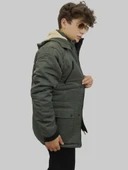 Erkek Çıkma Kapüşonlu İçi Kürklü Kanvas Haki Parka Kaban - 4
