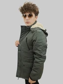 Erkek Çıkma Kapüşonlu İçi Kürklü Kanvas Haki Parka Kaban - 5