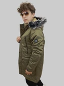 Erkek Kürklü Çıkma Kapüşonlu İçi Kürklü Kanvas Haki Parka Kaban - 4