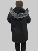 Erkek Kürklü Çıkma Kapüşonlu İçi Kürklü Kanvas Siyah Parka Kaban - 5