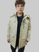 Erkek Kışlık İçi Kürklü Sabit Kapüşonlu Krem Kaban Parka - 5