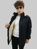 Erkek Çıkma Kapüşonlu İçi Kürklü Kanvas Siyah Parka Kaban thumbnail 2