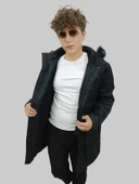 Erkek Kürklü Çıkma Kapüşonlu İçi Kürklü Kanvas Siyah Parka Kaban - 6