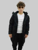 Erkek Kürklü Çıkma Kapüşonlu İçi Kürklü Kanvas Siyah Parka Kaban - 7