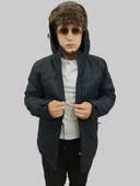 Erkek Kışlık İçi Kürklü Sabit Kapüşonlu Siyah Kaban Parka - 6