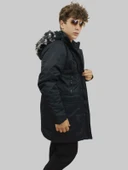 Erkek Kürklü Çıkma Kapüşonlu İçi Kürklü Kanvas Siyah Parka Kaban - 1