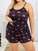 Litae Büyük Beden Siyah Kalp Desen İnce Askılı Pamuklu Şortlu Pijama Takımı - 2
