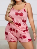 Litae Büyük Beden Pembe Kiraz Desen İnce Askılı Pamuklu Şortlu Pijama Takımı - 1