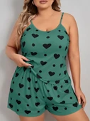 Litae Büyük Beden Yeşil Kalp Desen Pamuklu Şortlu Pijama Takımı - 2