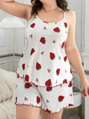 Litae Büyük Beden Çilek Desen Pamuklu Şortlu Pijama Takımı - 2