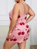 Litae Büyük Beden Pembe Kiraz Desen İnce Askılı Pamuklu Şortlu Pijama Takımı - 3