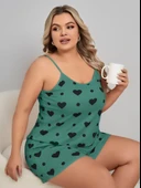 Litae Büyük Beden Yeşil Kalp Desen Pamuklu Şortlu Pijama Takımı - 1