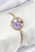 316L Çelik Zincir Mor Mineli Sanatsal Portre İnci Detaylı Çiçek Model Gold Renk Kadın Bileklik - TJ-BB7228 thumbnail 1