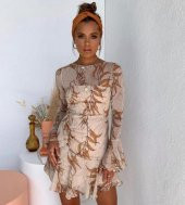 GO ON OUTFIT Kadın Bej Buğday Desen Kol ve Etek Valonlu Elbise GOON139 - 1