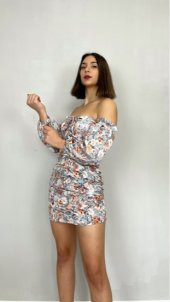 GO ON OUTFIT Kadın Çiçek Desen Önü Büzgülü Ve Kol Detaylı Flora Elbise GOON137 - 1