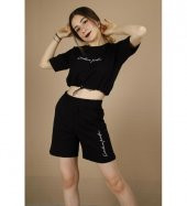 GO ON OUTFIT Kadın Önü Nakışlı T-Shirt Ve Bermuda Şortlu Siyah Takım GOON145 - 2