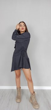 GO ON OUTFIT Kadın Antrasit Yandan Büzgülü Balon Kol Kloş Elbise GOON143 - 1