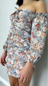 GO ON OUTFIT Kadın Çiçek Desen Önü Büzgülü Ve Kol Detaylı Flora Elbise GOON137 - 2