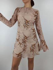 GO ON OUTFIT Kadın Bej Buğday Desen Kol ve Etek Valonlu Elbise GOON139 - 2