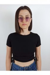 GO ON OUTFIT Kadın Siyah Yanları Büzelebilir Kısa Kollu Fitilli Crop T-Shirt GOON128 - 1