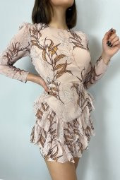 GO ON OUTFIT Kadın Bej Buğday Desenli Sırtı Açık Elbise GOON138 - 1