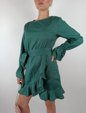 GO ON OUTFIT Kadın Yeşil Yuvarlak Yaka Kol Ucu Lastikli Kuşaklı Elbise GOON132 - 2