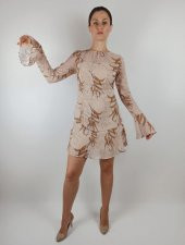 GO ON OUTFIT Kadın Bej Buğday Desen Kol ve Etek Valonlu Elbise GOON139 - 3