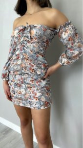 GO ON OUTFIT Kadın Çiçek Desen Önü Büzgülü Ve Kol Detaylı Flora Elbise GOON137 - 3