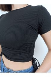 GO ON OUTFIT Kadın Siyah Yanları Büzelebilir Kısa Kollu Fitilli Crop T-Shirt GOON128 - 2