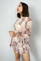 GO ON OUTFIT Kadın Bej Buğday Desenli Sırtı Açık Elbise GOON138 - 2