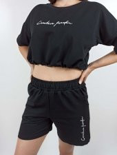 GO ON OUTFIT Kadın Önü Nakışlı T-Shirt Ve Bermuda Şortlu Siyah Takım GOON145 - 5