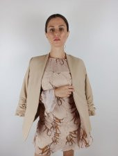 GO ON OUTFIT Kadın Camel Büzgülü Kol Blazer Yaka Flato Cepli  Ceket  GOON106 - 1