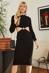 GO ON OUTFIT Kadın Bel Halka Detaylı Siyah Triko Standart Elbise GOON115 - 1