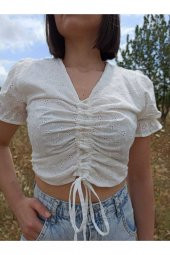 GO ON OUTFIT Kadın Beyaz Brode Kumaş Astarlı Karpuz Kol Detaylı V-Yaka Crop Büstiyer GOON104 - 1