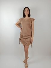 GO ON OUTFIT Kadın Kahverengi Vatkalı Yandan Ayarlanabilir  Büzgü V-Yaka Elbise GOON82 - 1