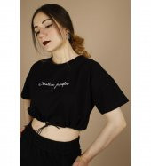 GO ON OUTFIT Kadın Önü Nakışlı T-Shirt Ve Bermuda Şortlu Siyah Takım GOON145 - 6