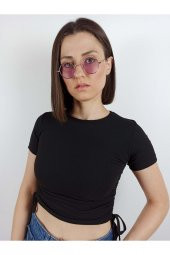 GO ON OUTFIT Kadın Siyah Yanları Büzelebilir Kısa Kollu Fitilli Crop T-Shirt GOON128 - 3