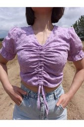 GO ON OUTFIT Kadın Lila Brode Kumaş Astarlı Karpuz Kol Detaylı V-Yaka Crop Büstiyer - 1