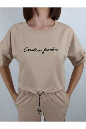 GO ON OUTFIT Kadın Önü Nakışlı T-Shirt Ve Bermuda Şortlu Bej Takım GOON150 - 5